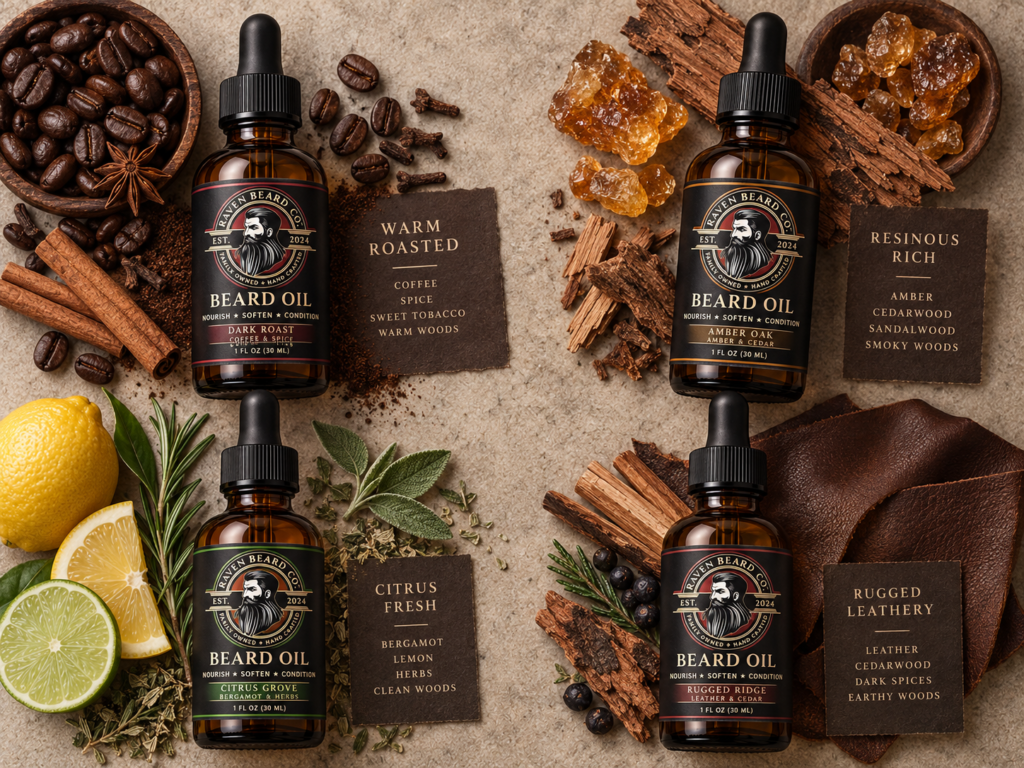 Raven Beard Co Oil Bottles with Scent Profiles